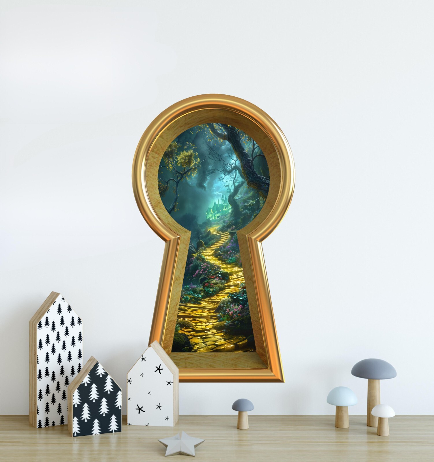 3D Keyhole Removable Wall Decal – Yellow Brick Road to Emerald Castle at Night