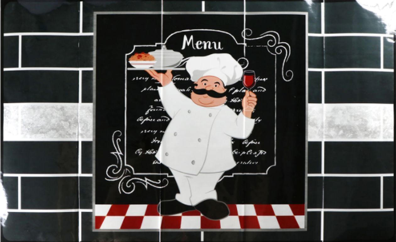 KITCHEN STOVE BACKSPLASH STICKER / WALL DECALl (30″x18″) FAT CHEF, GR
