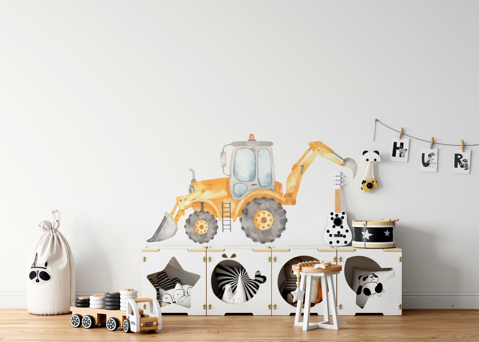 Construction Tractor Backhoe Wall Decal Watercolor Boys Room Nursery Decor