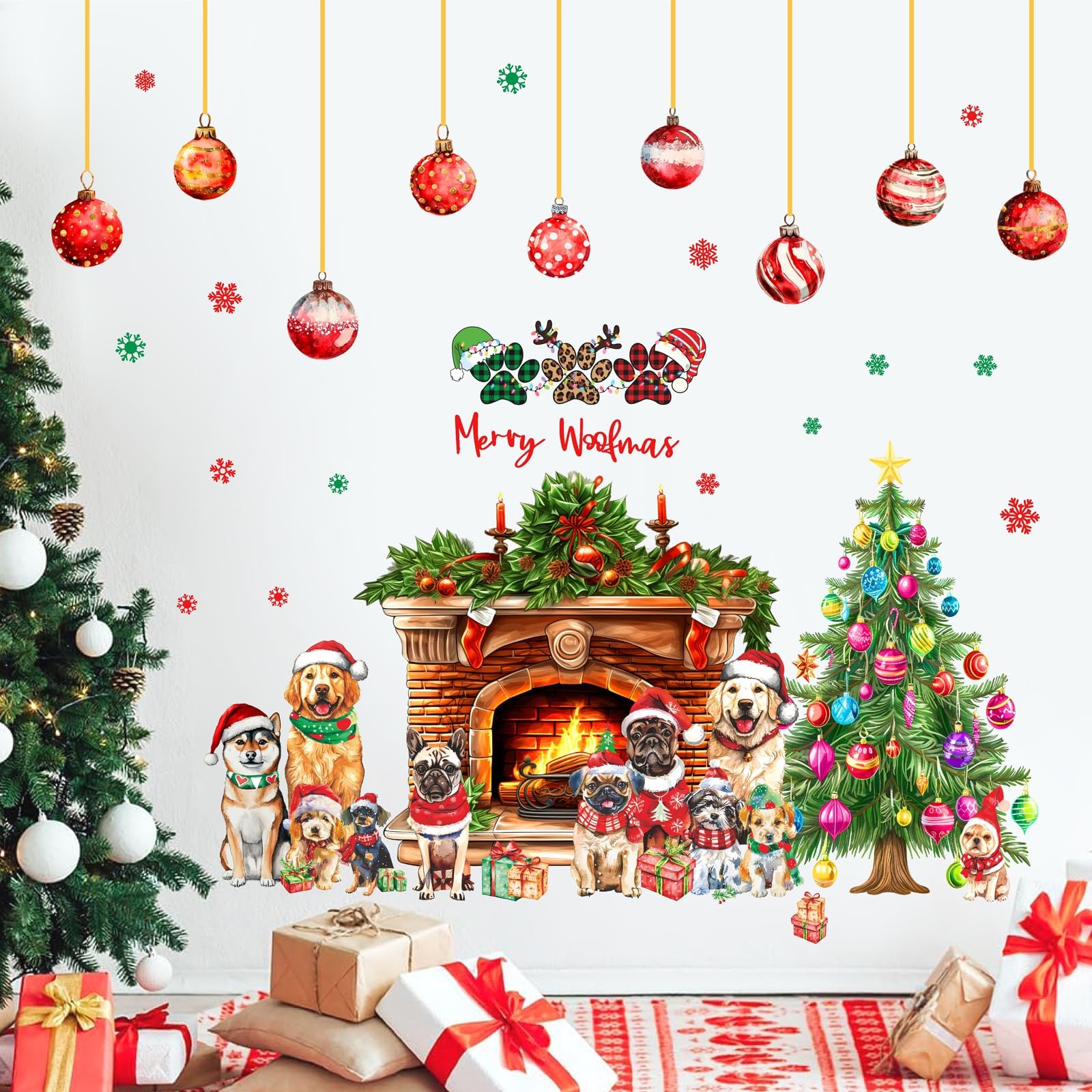 Christmas Tree Fireplace Wall Decals Large Christmas Bell Snowflake Wall Stic…