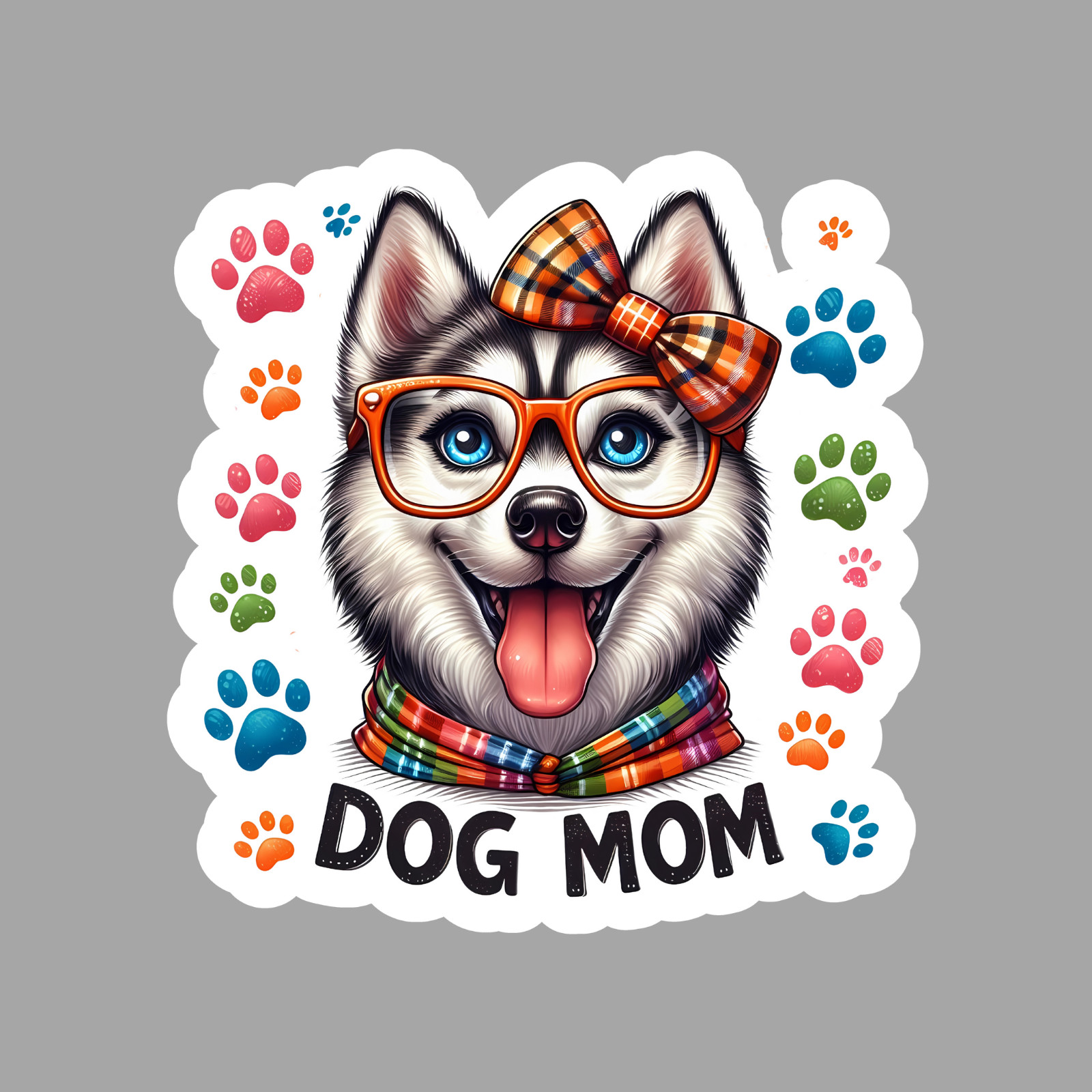 Husky Sticker Vinyl Decal Dog Mom Cute Glasses Bow Colorful Paw Print