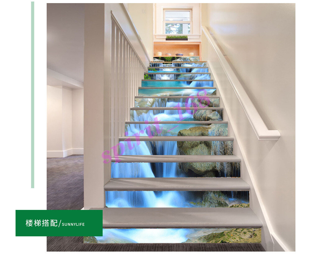 3D Riser Stickers Waterfall Rock Stone Self-adhesive Stair Sticker Murals Stair