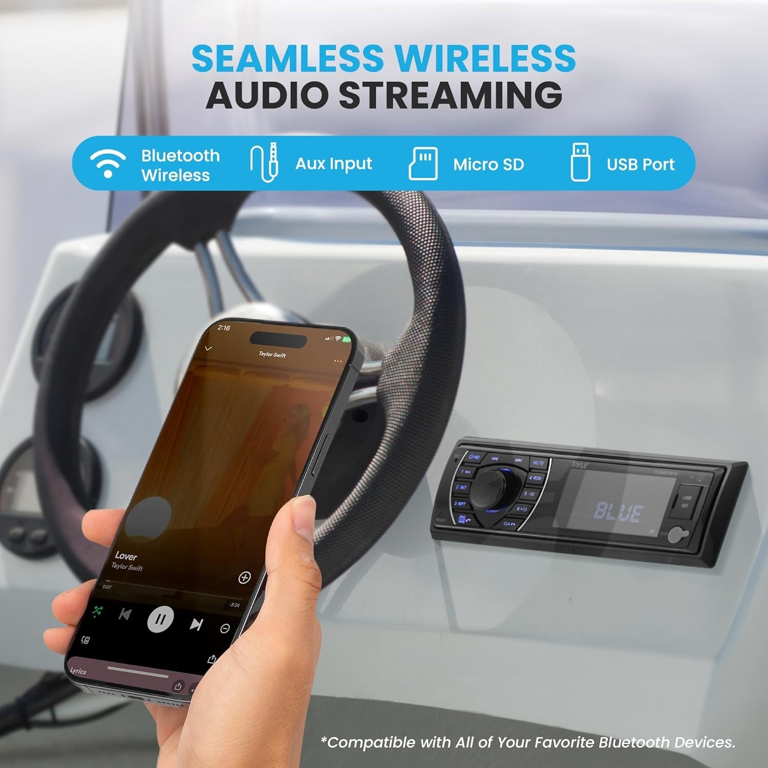 300W Bluetooth Marine Stereo Receiver – Single DIN In-Dash AM/FM Radio with USB/