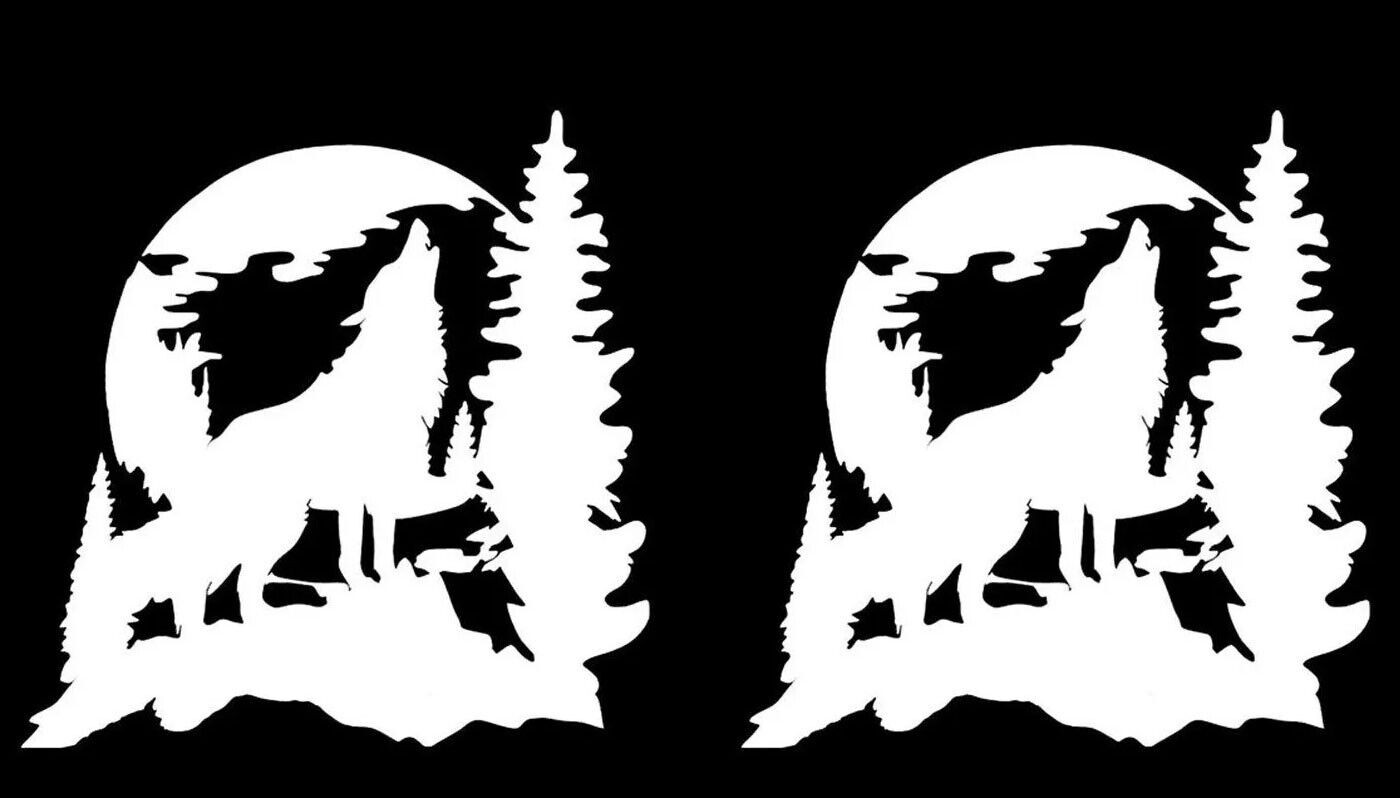 Wolf Howling Moon Forest TWO 5″ White Vinyl Decals Car Truck Laptop Window