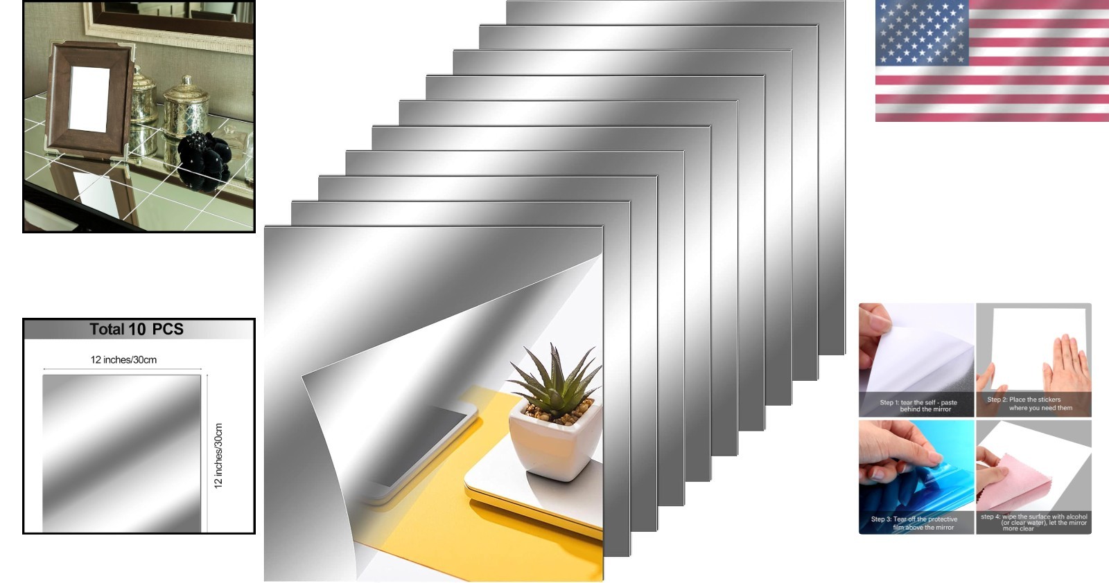 Square Mirror Tiles Stickers – Home Wall Decor, 10 Pieces