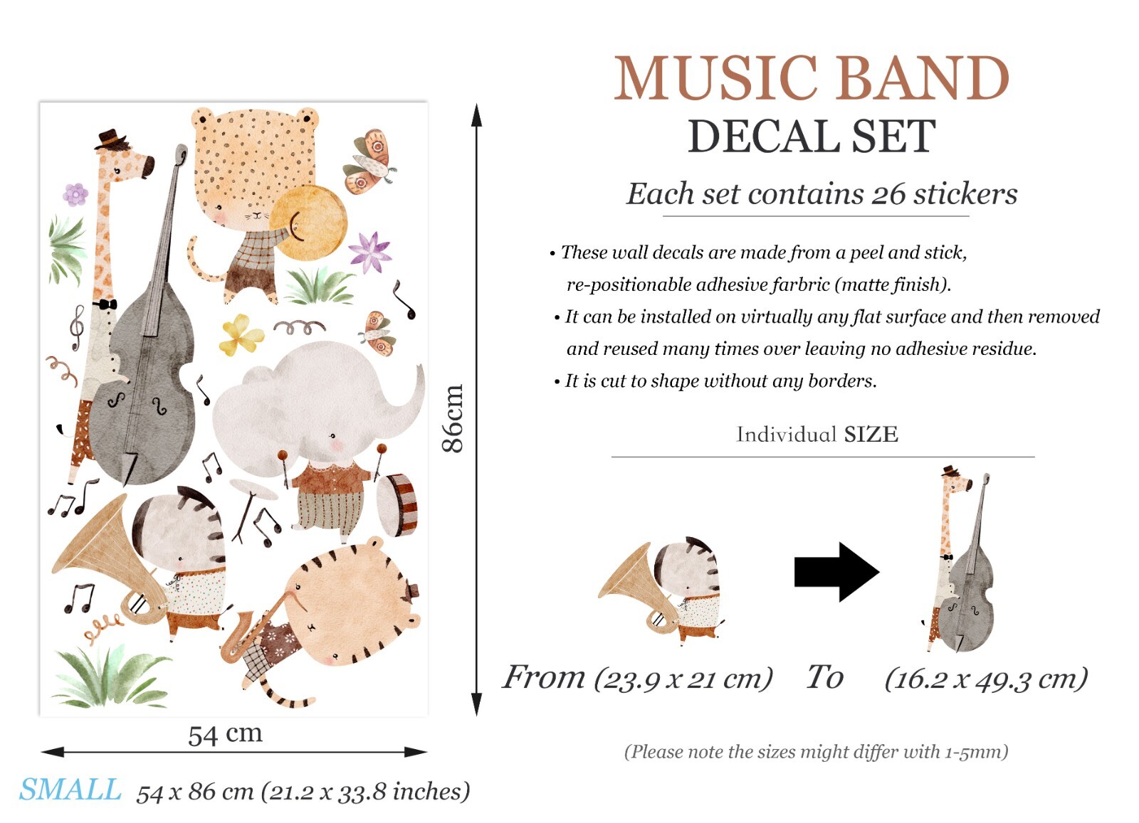 Safari Animals Music Band musical Circus theme Removable Wall Decal Sticker Room