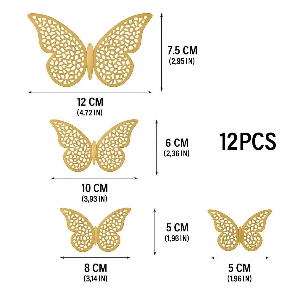 12pcs 3D Butterfly Wall Stickers – Golden Shimmer Home Decor Decals for Bedroom