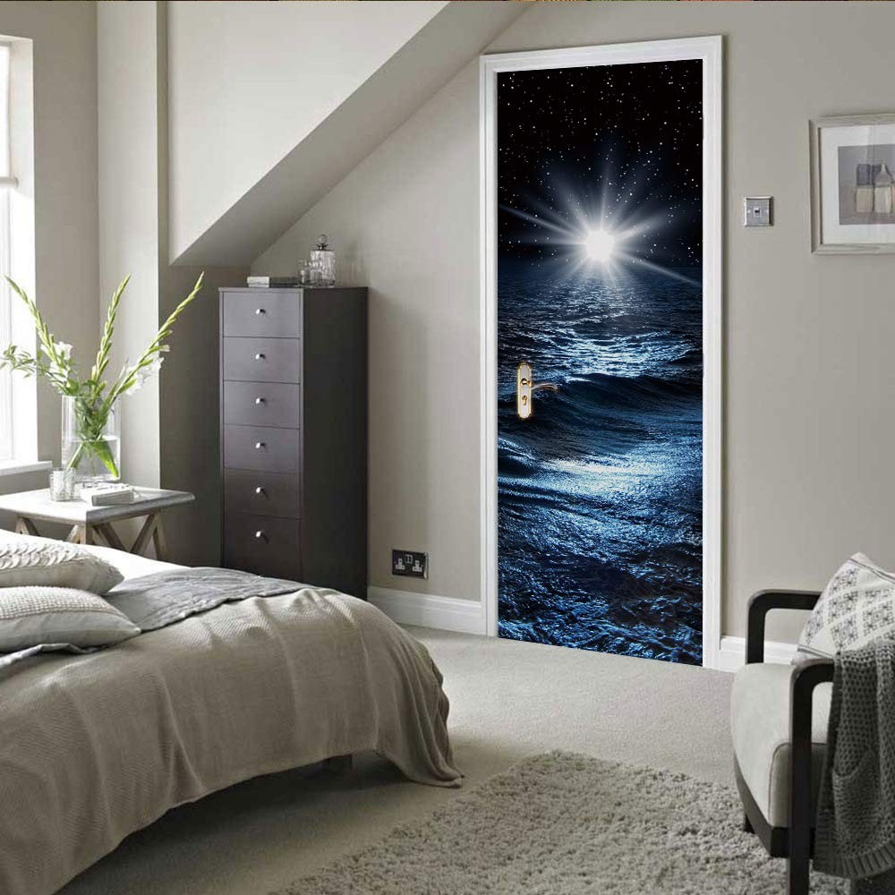 ZY-KL 3D Door Sticker Wall Decals Mural Wallpaper Galaxy Blue Starry Sky, Wat…