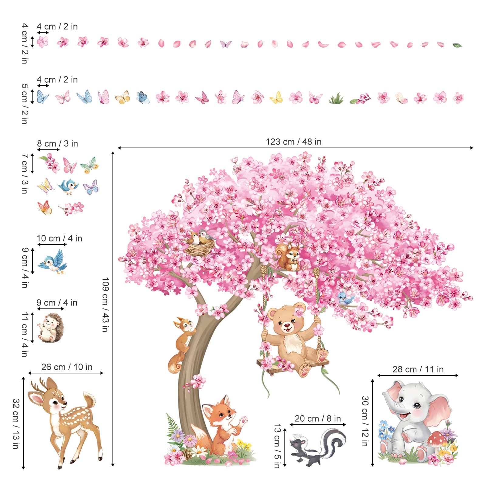 Large Cherry Blossom Tree Wall Stickers Woodland Animals Bear Deer Pink Flowe…
