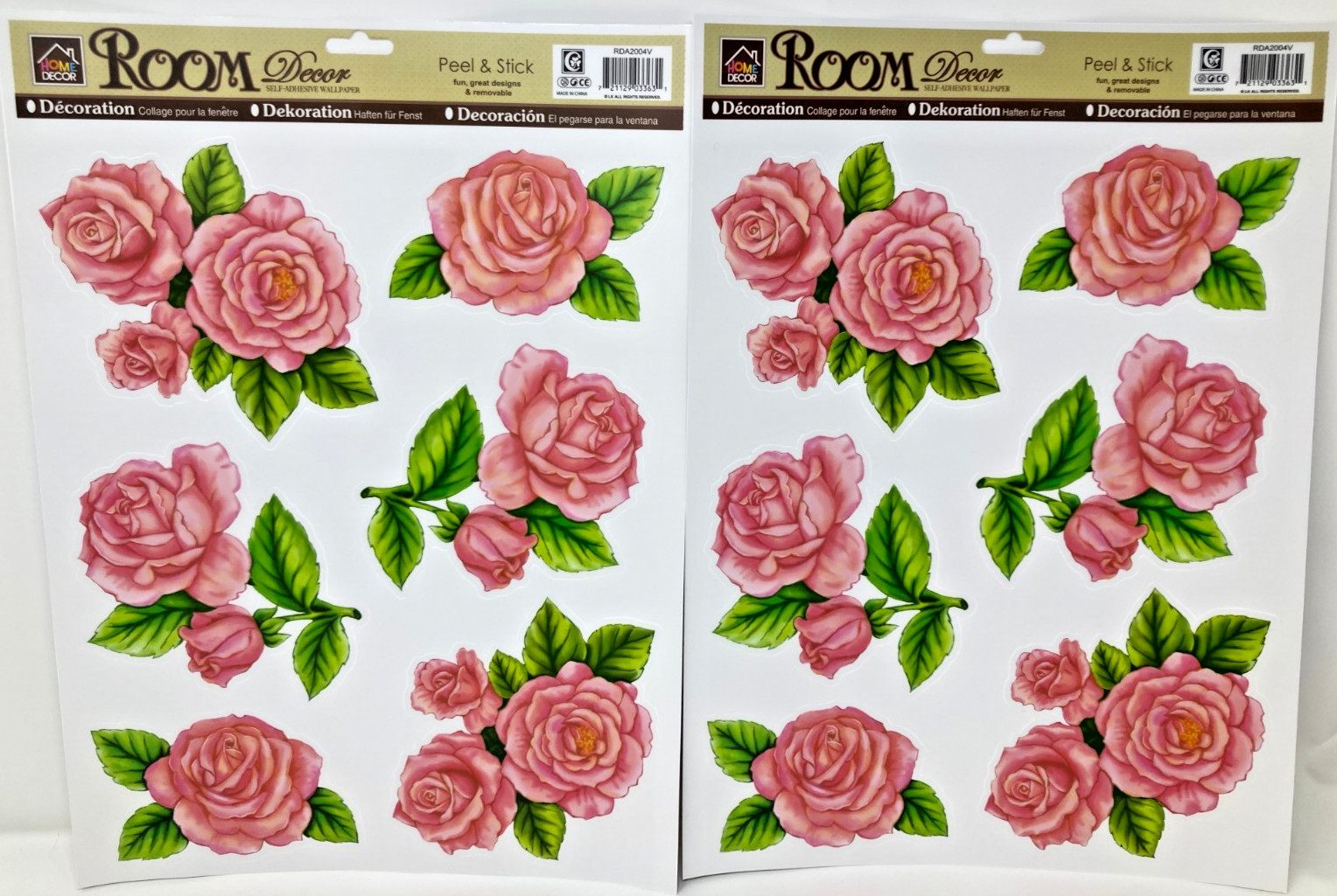 Floral Pink Rose Peel Stick Wall Decals Accents Removable Room Decor Set of 2