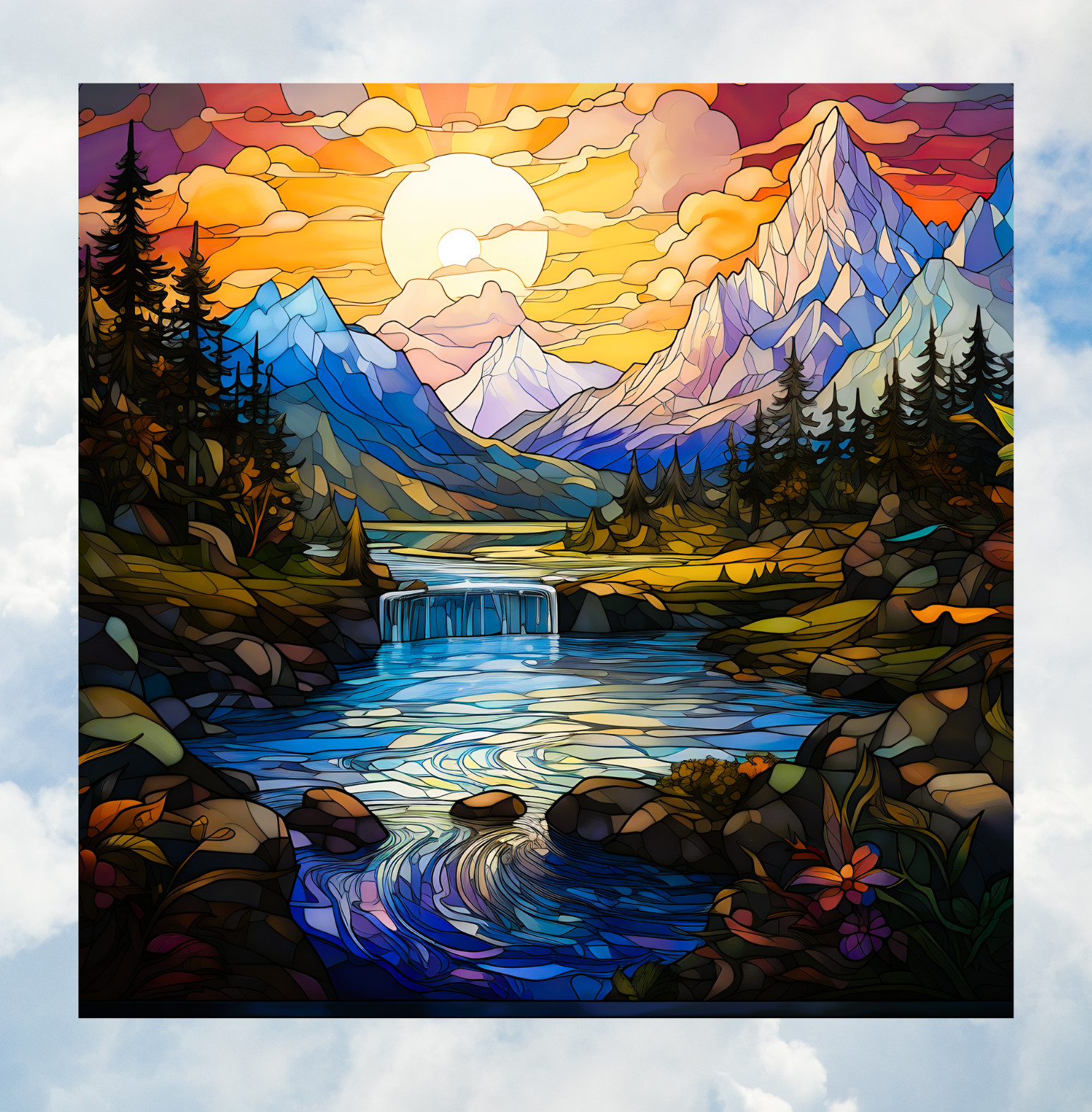 River & Mountains at Sunset Faux Stained-Glass WINDOW CLING Size 8″ Square Vinyl