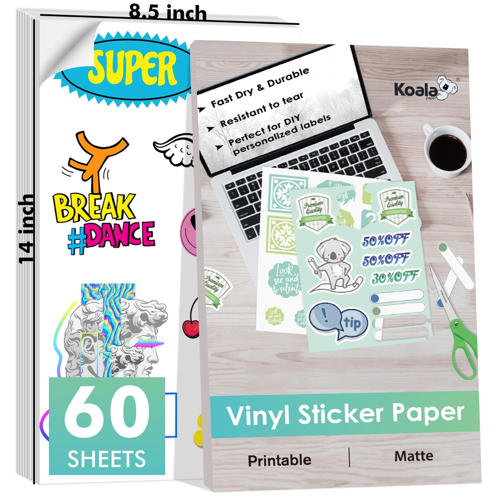 Koala Printable Vinyl Sticker Paper for Inkjet Laser 60PK 8.5×14 Waterproof Matt