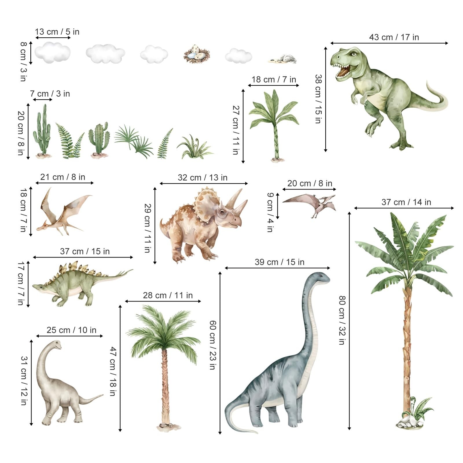wondever Large Dinosaur Wall Stickers Tropical Animal Dino Palm Tree Plants W…