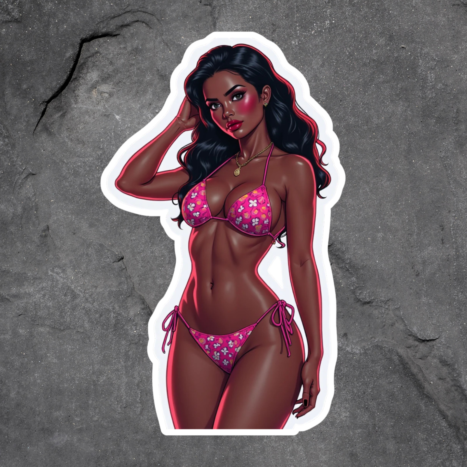 Pinup girl sticker vinyl decal sexy bikini girl dark skin pink floral swimsuit