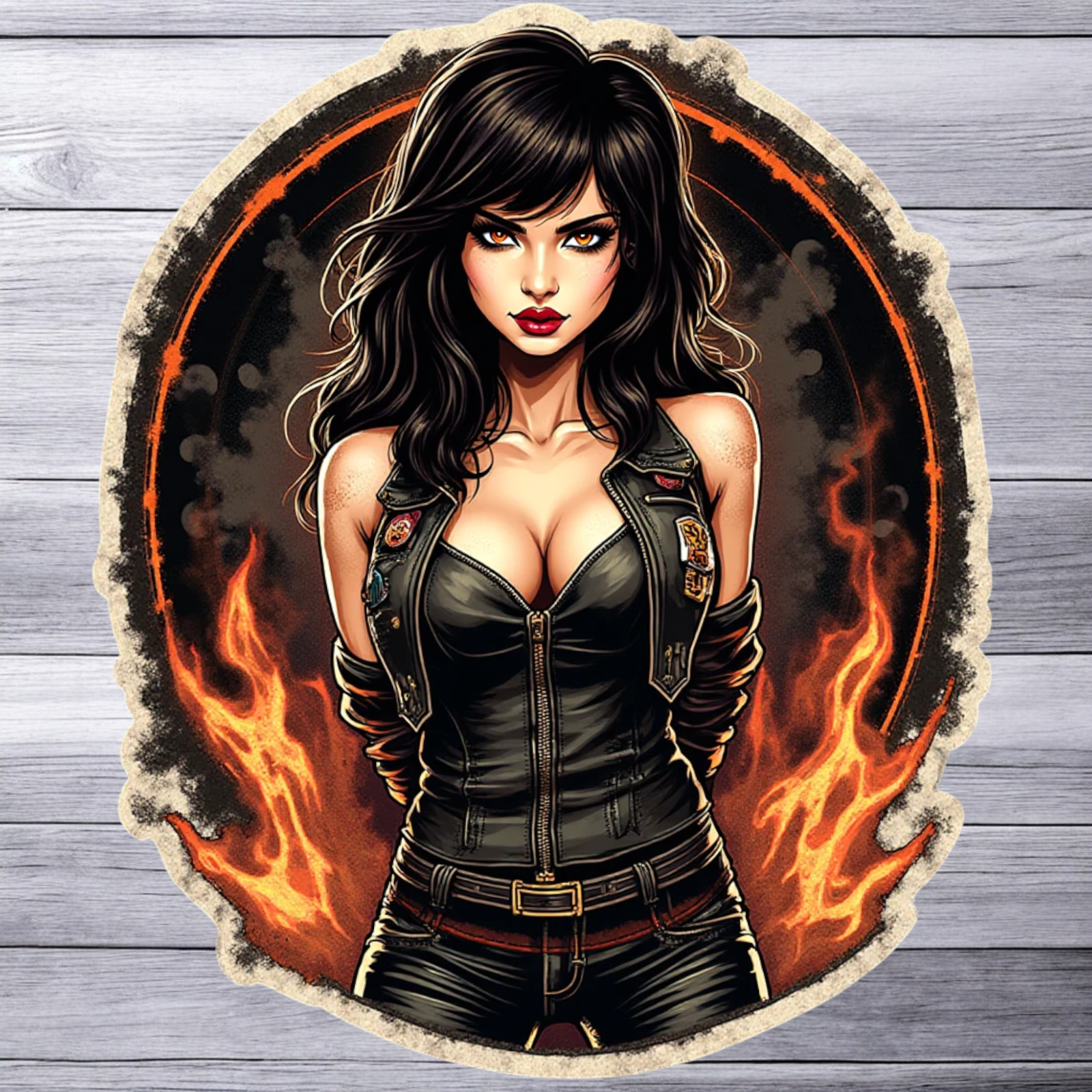 Pinup girl sticker vinyl decal leather outfit flames biker vest gothic tattoo