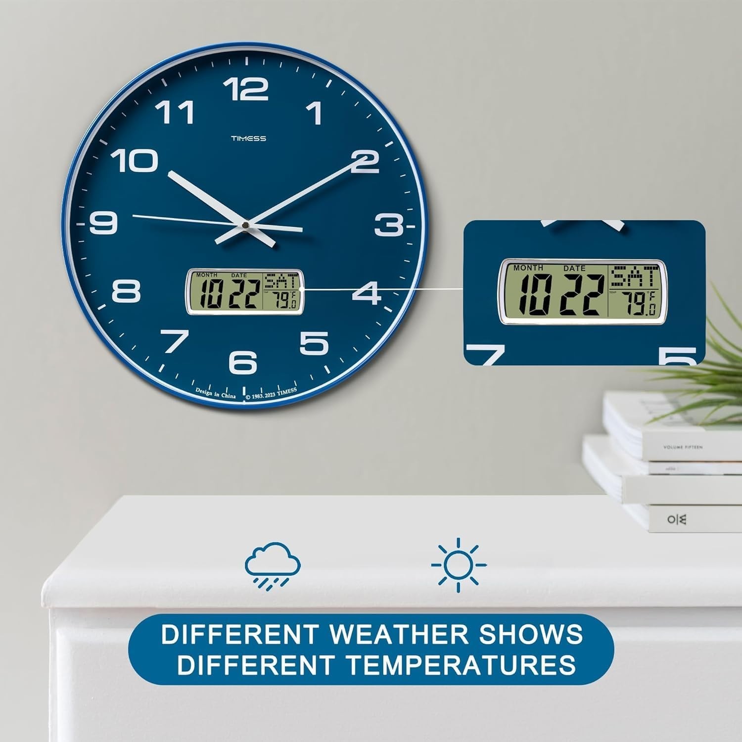 Wall Clock, 12″ Dial Non-Ticking Silent Battery Operated Analog with LCD Display