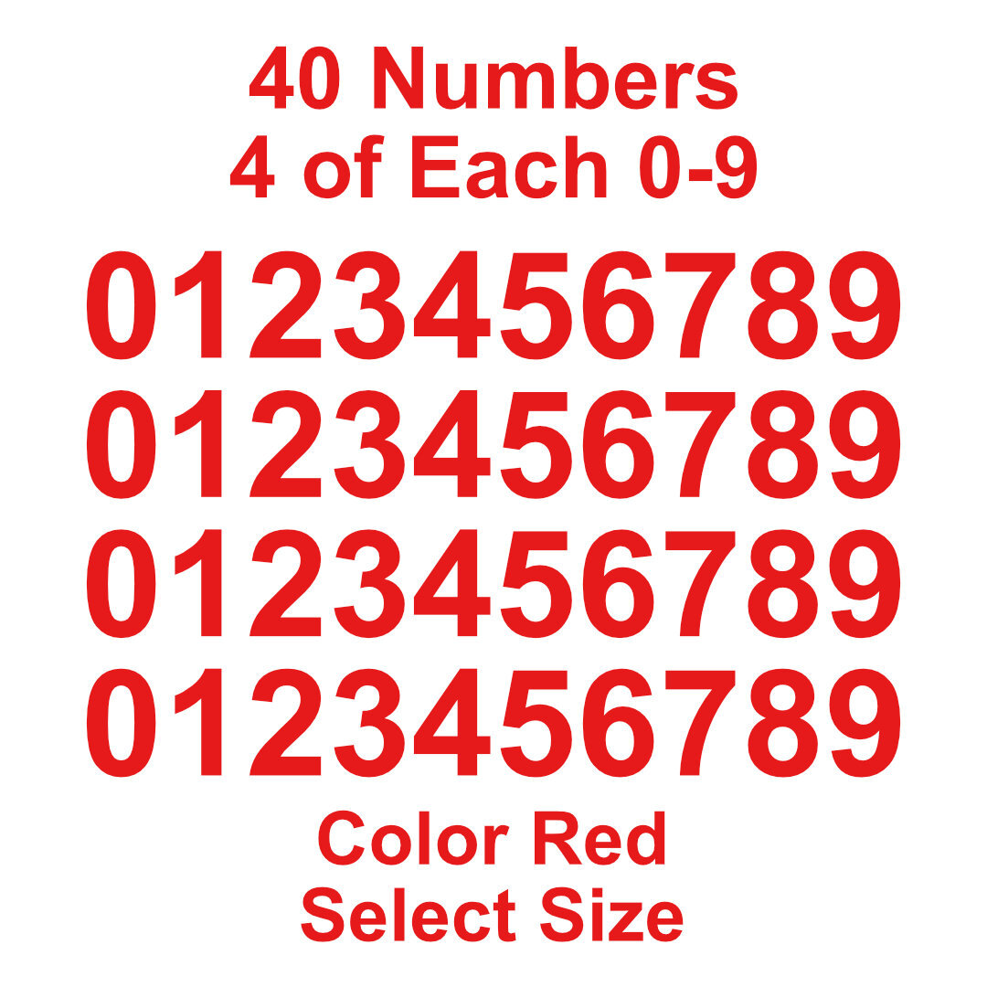 0 – 9 Number Decals Color: Red – Select Size – 40 Stickers 4 of Each Number