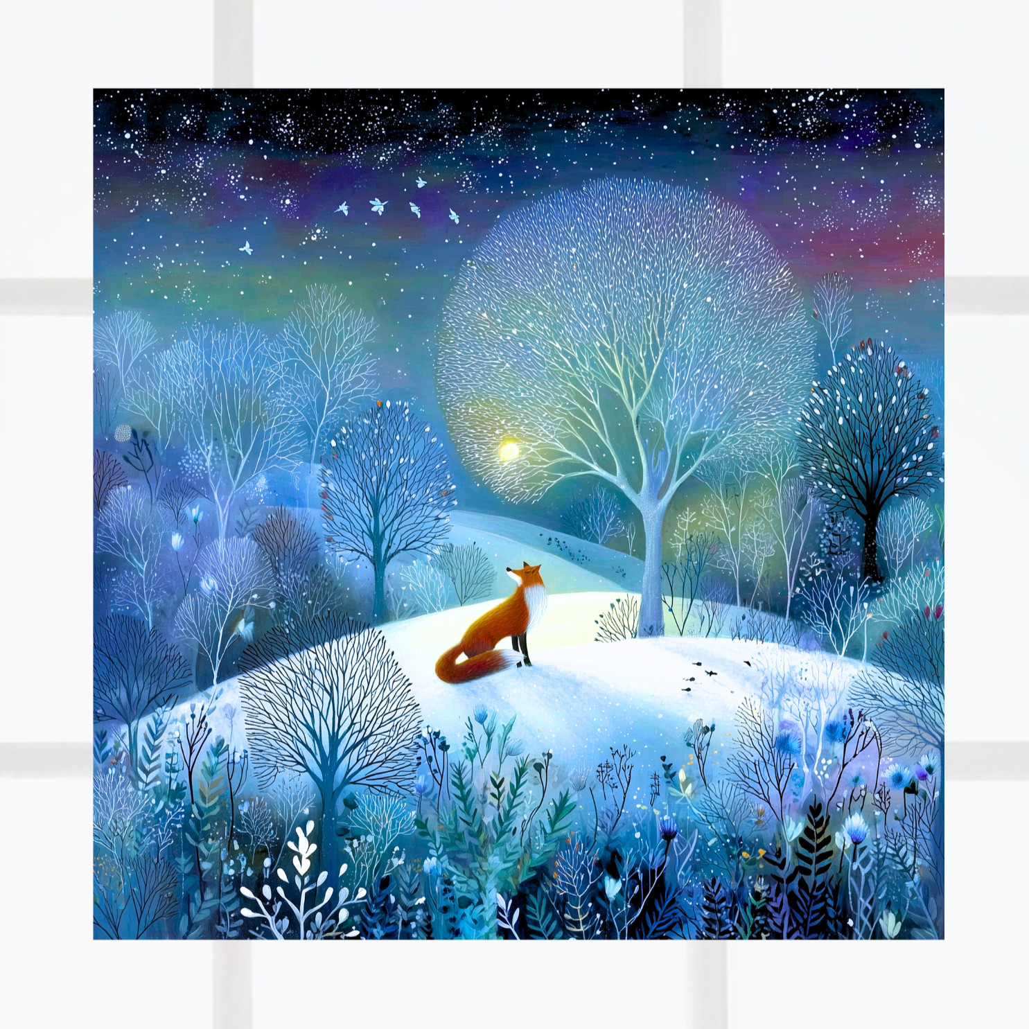 Woodland Fox on Snowy Winter Night WINDOW CLING Size 8″ Vinyl