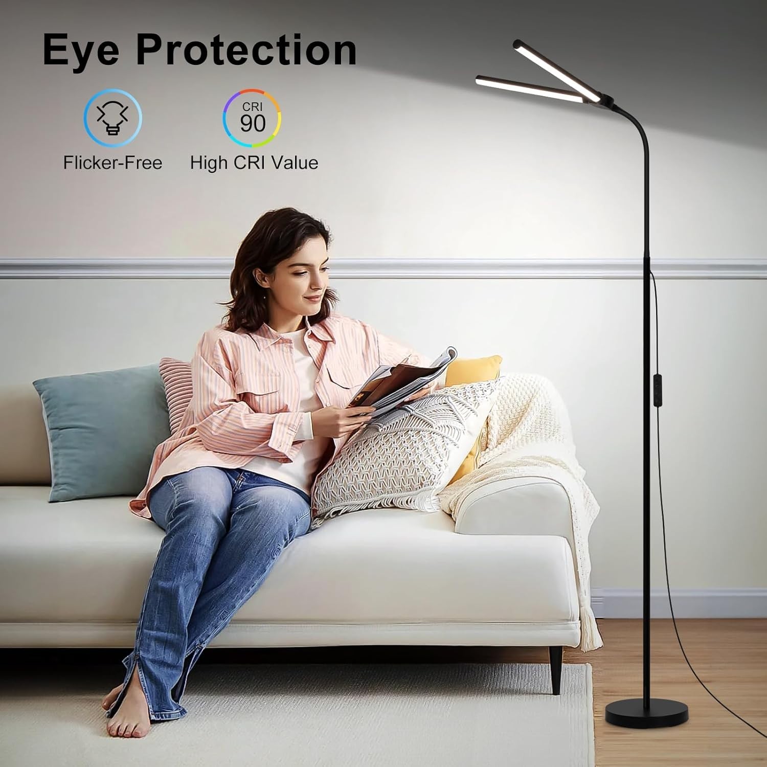 LED Floor Lamp, 18W/2000LM Bright Reading Floor Lamp for Office with Double Head