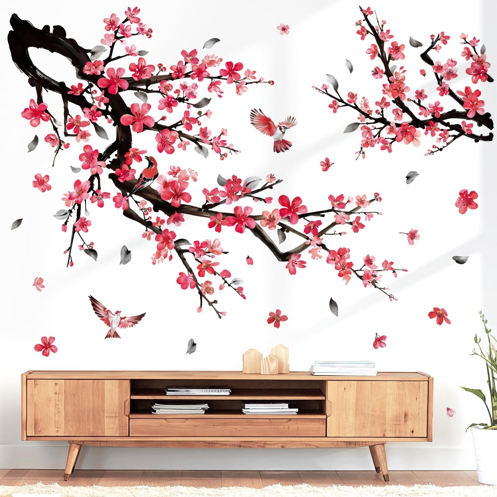 wondever Watercolor Plum Flower Tree Branch Wall Stickers Red Cherry Blossom …