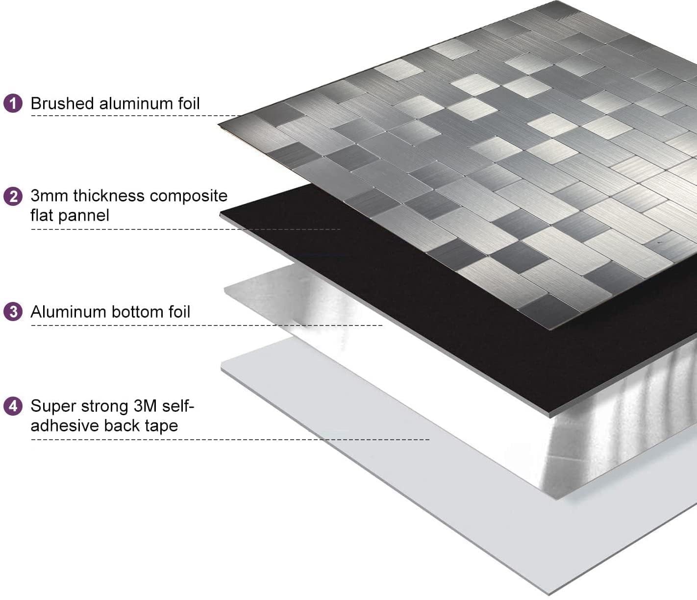 XUANINY Peel and Stick Metal 10 sheets, Square +Rectangle Stainless Steel